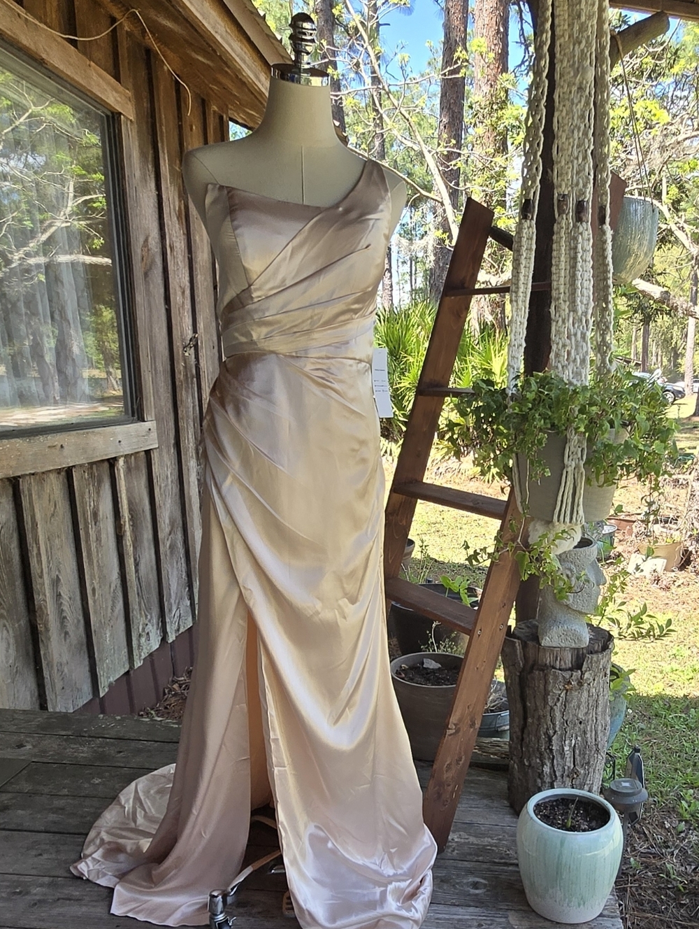 Lavetir Pink Satin One Shoulder Ruched Bodice Lace Up Back  Formal Maxi Dress 12
